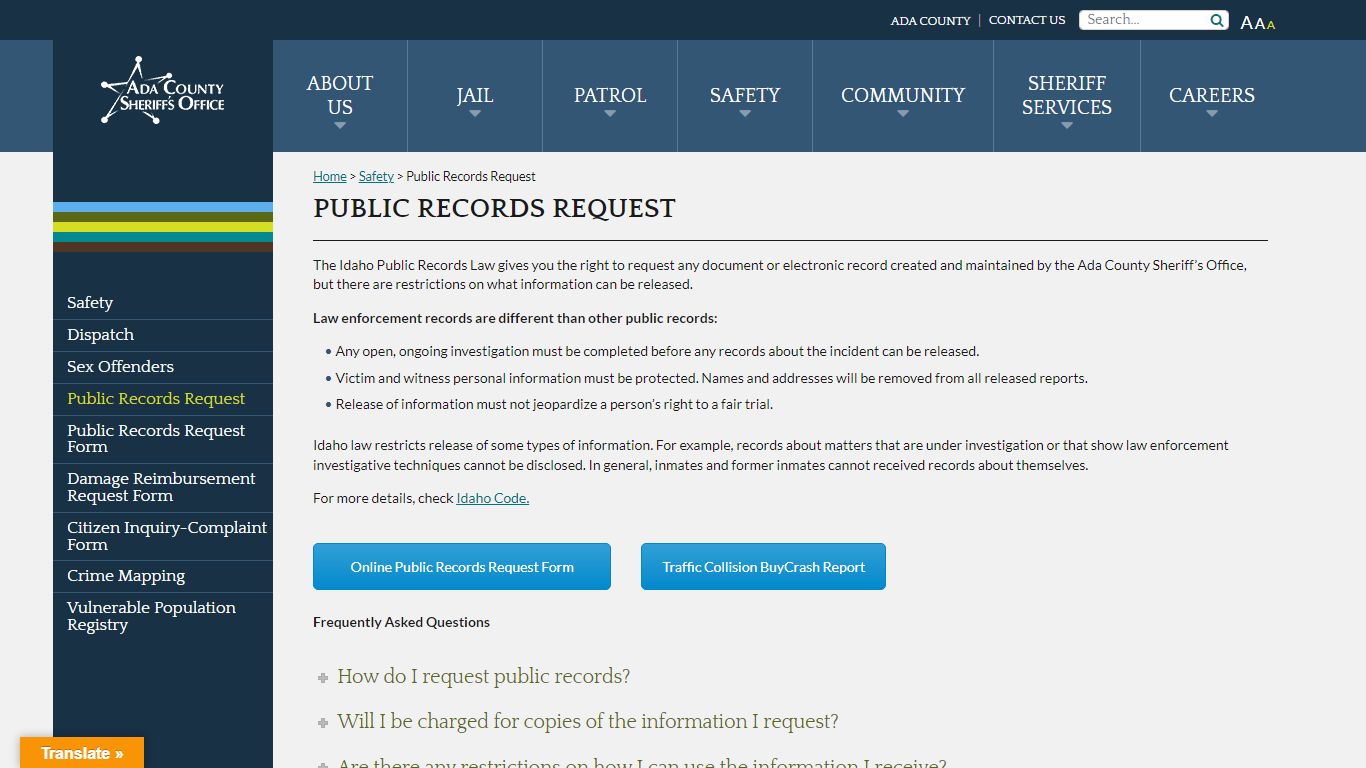 Public Records Request - Ada County Sheriff